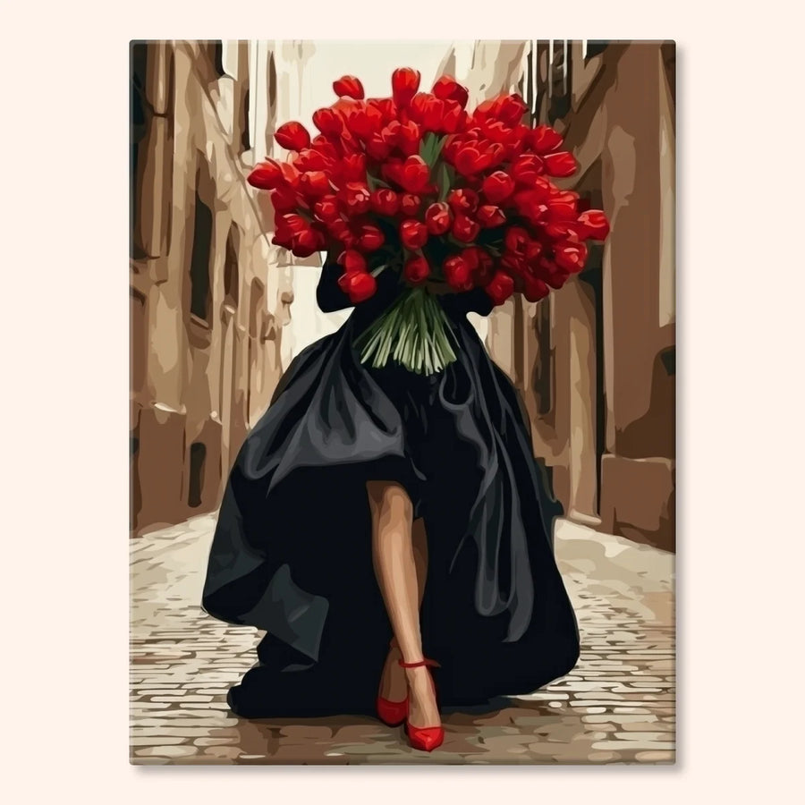 Kobieta w Czerni z Tulipanami