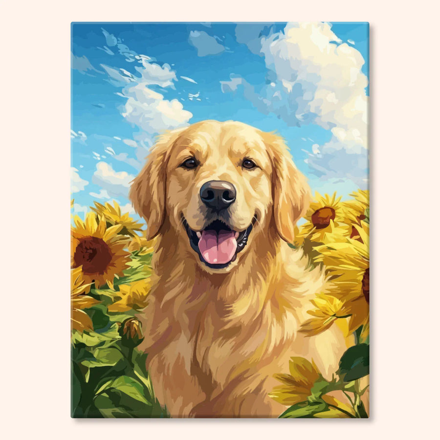 Golden Retriever wśród Słoneczników